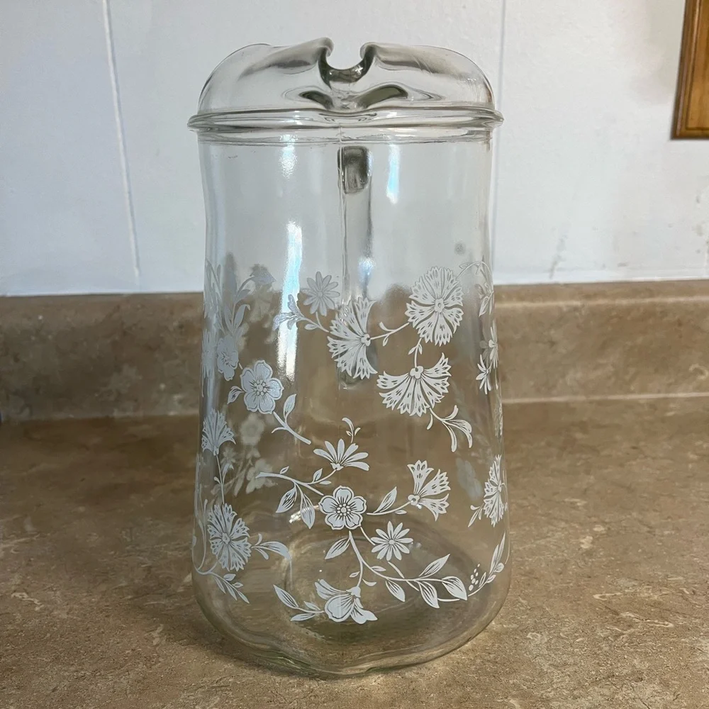 Vintage Clear Glass Pitcher with White Floral Etching